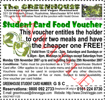 'Sample 'Greehouse Student Card' voucher - The Greenhouse Licensed Vegetarian and Vegan Restaurant, Manchester